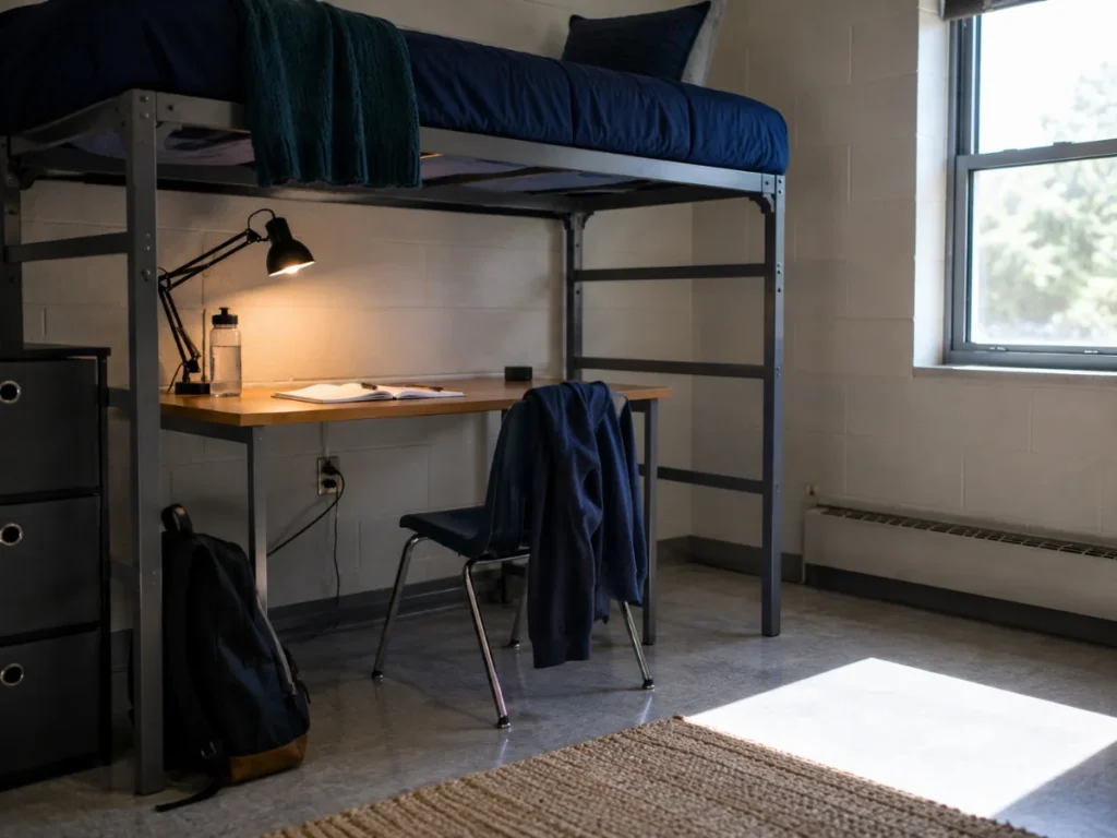 A lofted dorm bed with a desk and chair underneath creating a study zone in the same footprint