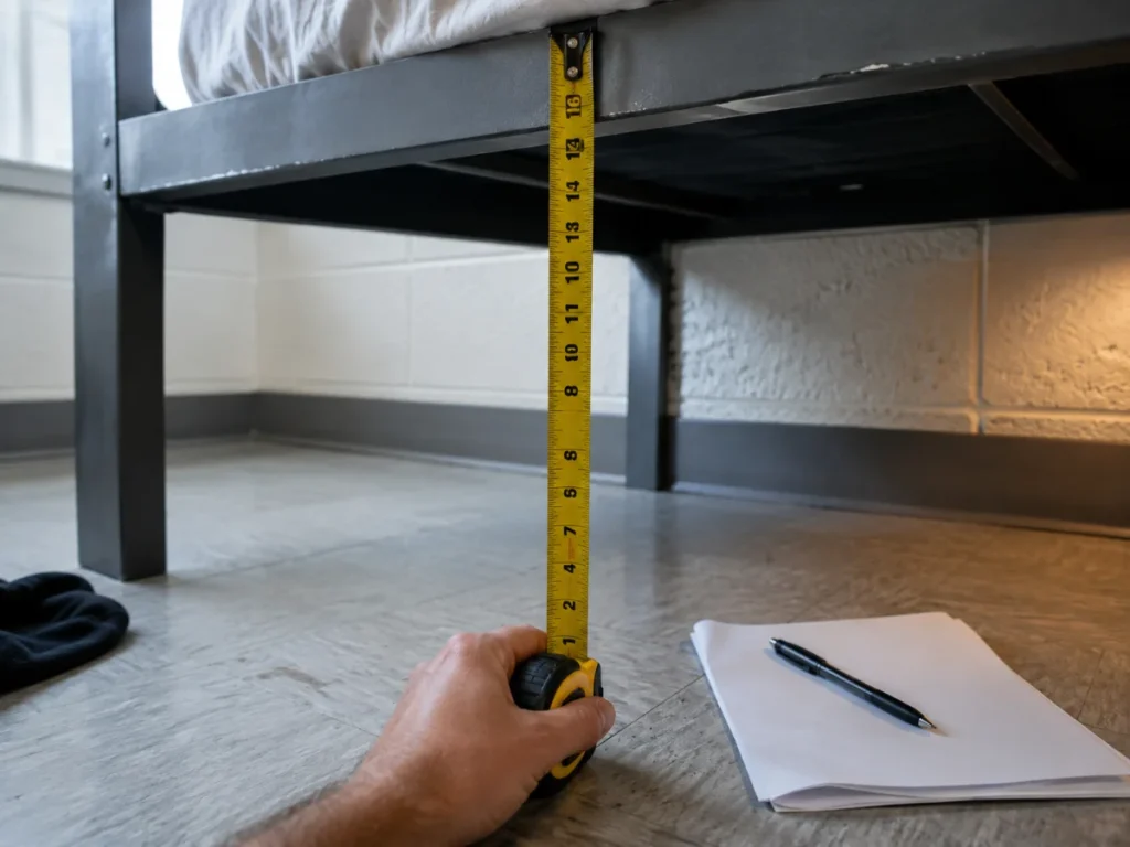 Measuring the clearance under a dorm bed frame with a tape measure before buying storage
