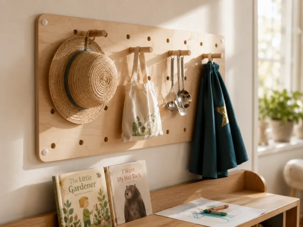 A no drill pegboard mounted with command strips for renter friendly toy storage in a small space