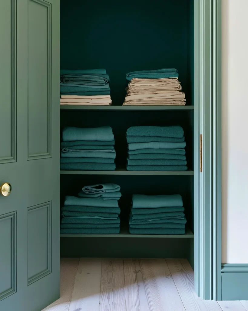 An open linen closet with four shelves of folded towels and sheets, each stack leaving several inches of empty headroom below the shelf above.