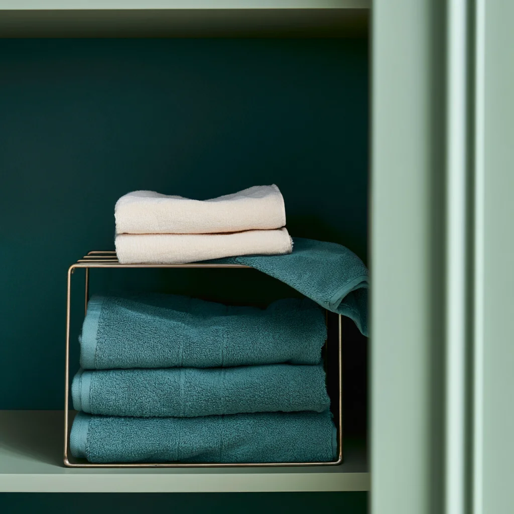 A wire riser standing on a linen closet shelf, splitting the gap into a lower stack of bath towels and a shorter upper stack of hand towels.
