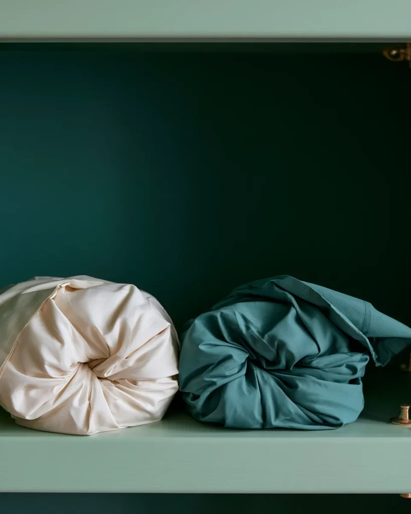Two sheet sets each bundled inside one of its own pillowcases, sitting side by side on a single linen closet shelf.