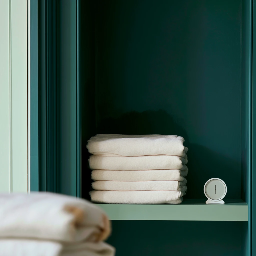 Close crop of a linen closet back wall showing a faint damp shadow behind a stack of towels pushed flush against it.