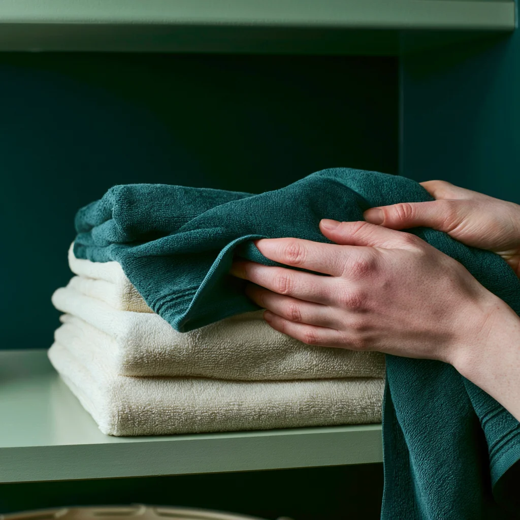 Hands lifting a short stack of towels to slide a freshly washed one underneath, the habit that keeps a linen closet stack rotating.