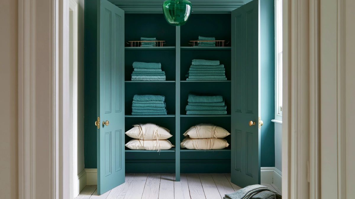 A finished linen closet seen from the landing, four shelves of folded towels and bundled sheet sets with risers filling the headroom.