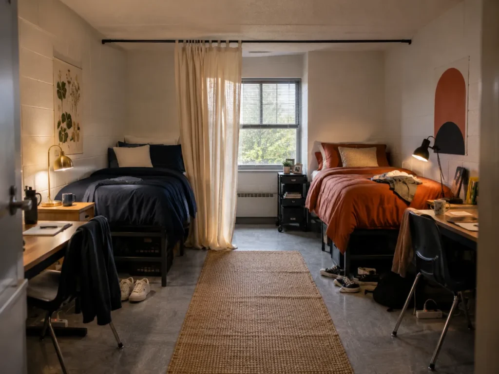 A shared dorm room with two beds, two separate lamps and a curtain divider between the halves