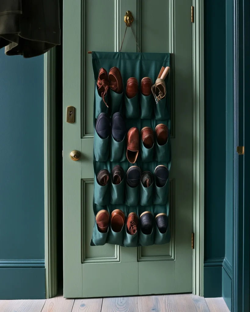A fabric over-door organizer holding twelve pairs on the back of an entry door, the shoe storage method that costs no floor at all.