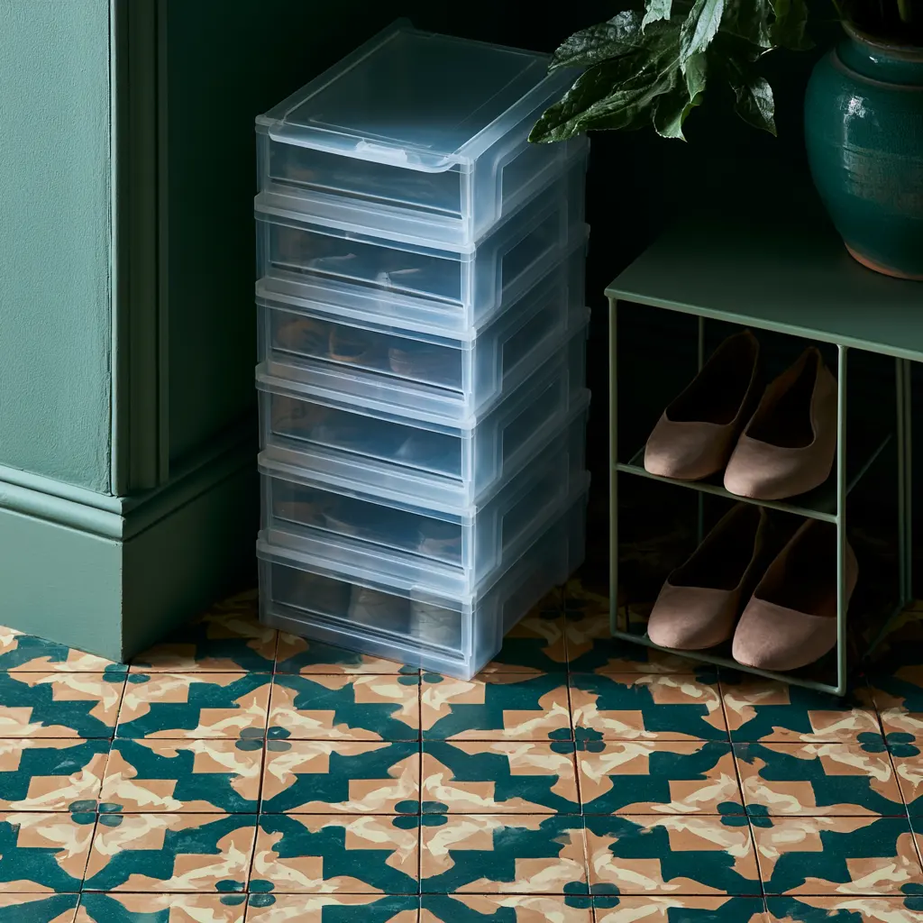 Overhead view of a stack of clear shoe boxes beside an open two-tier rack, showing the trade between storage density and how fast a pair can be reached.