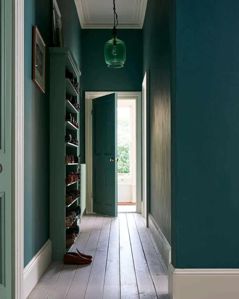 A narrow hallway seen from floor level with a shallow shoe rack against one wall and the entry door swinging clear of it.