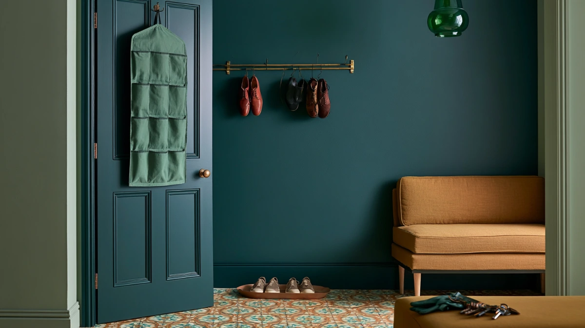 A small entry with an over-door organizer, a wall rail and an open tray of drying shoes, showing three shoe storage methods in one narrow space.