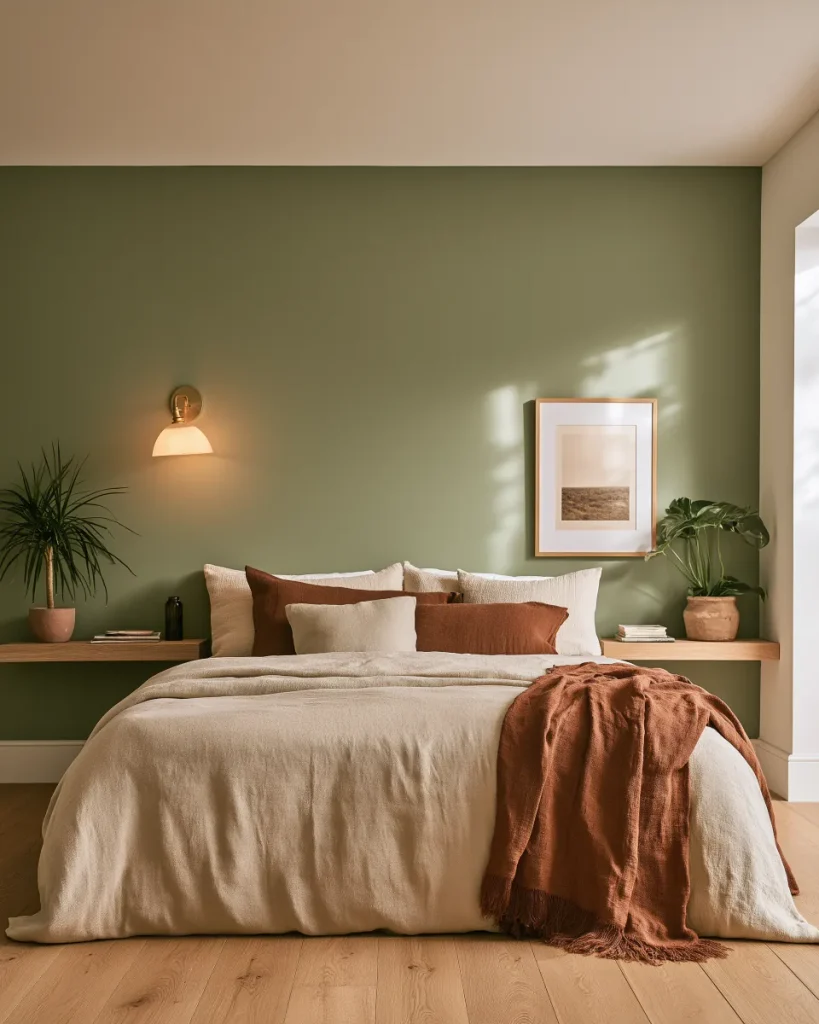 A queen bed pulled off the wall with a clear walkway on both sides, the layout small bedroom ideas for couples have to pay for in room width.