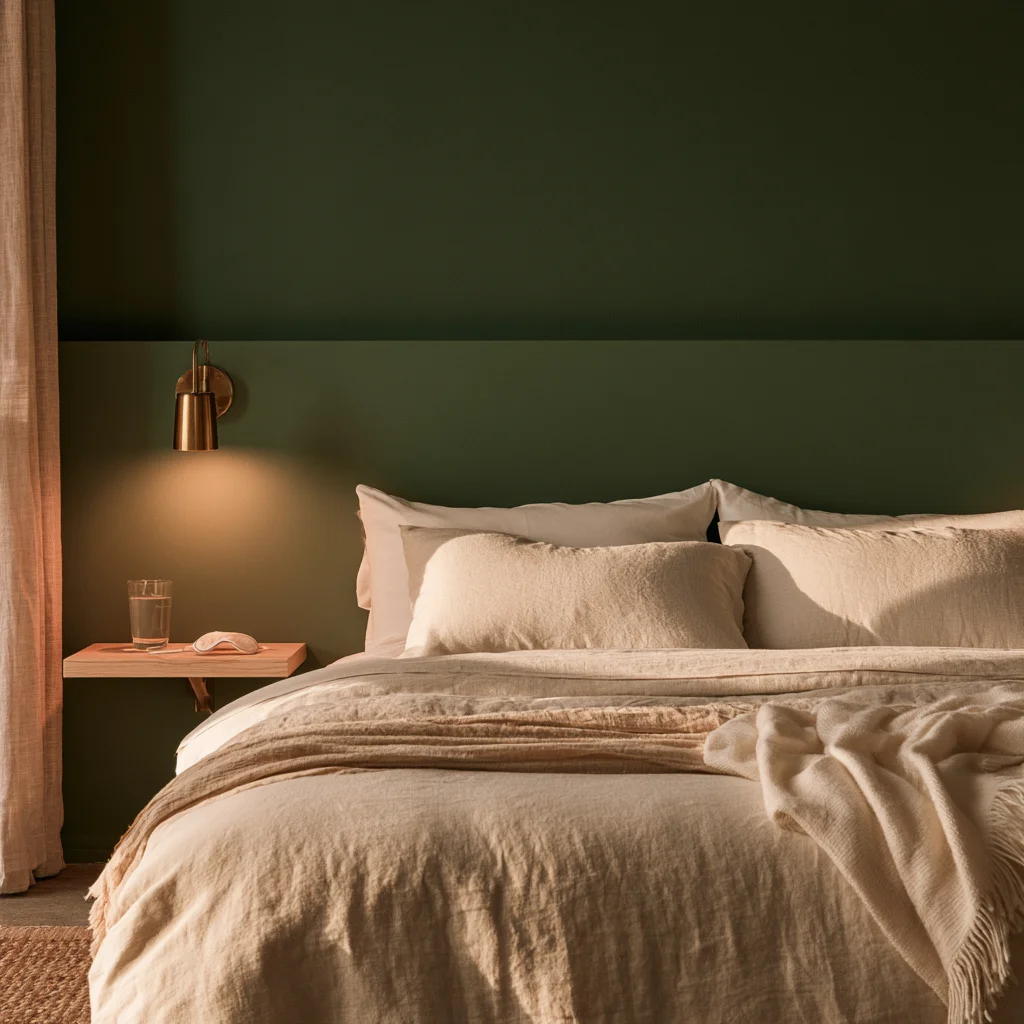 One side of a shared bed lit by a brass reading light while the other stays dark, the asymmetry a small shared bedroom needs.