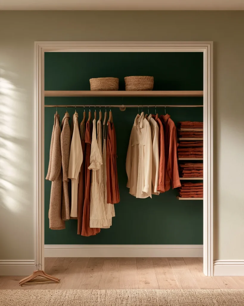 A closet split by garment type rather than down the middle, one of the bedroom ideas for couples that beats splitting it in half.