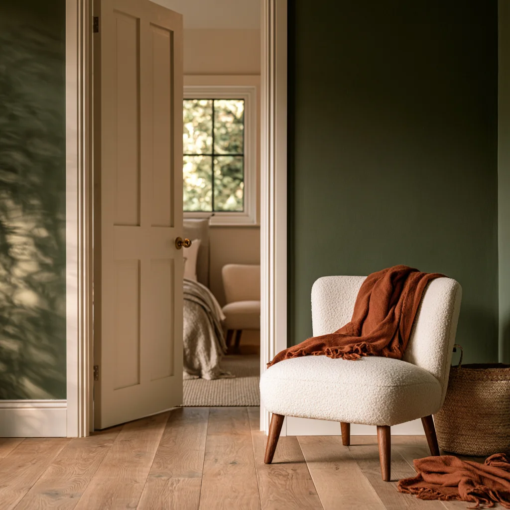 A second bedroom chair standing in the hallway with clothes still draped over it, the duplicate furniture a shared small room cannot absorb.