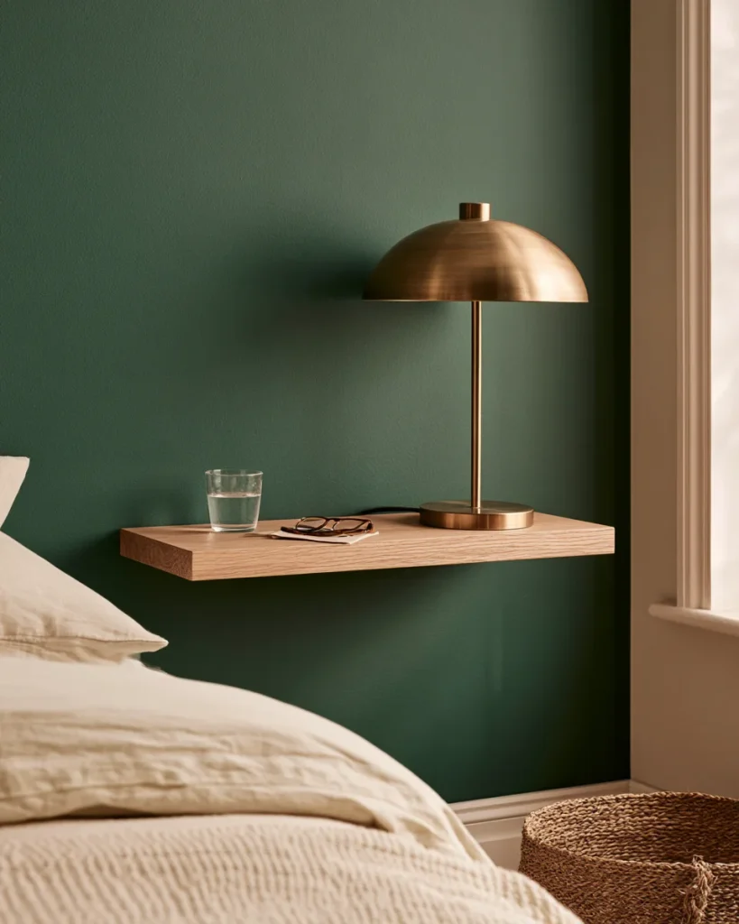 A floating oak shelf at mattress height beside a shared bed, the bedroom ideas for couples answer to two nightstands and four square feet.