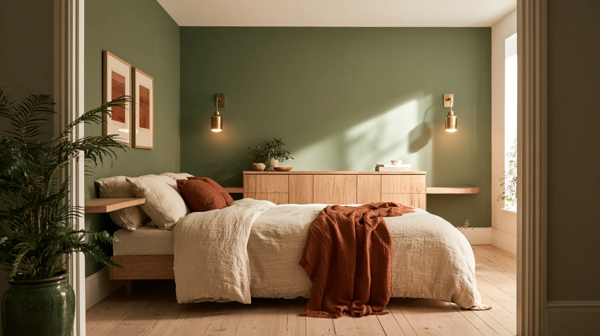 Small bedroom ideas for couples in one room, with walkways both sides, two duvets, a shelf and a light each and no duplicated furniture