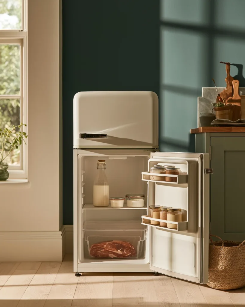 An open small fridge loaded by temperature zone, raw meat in a sealed tub on the bottom shelf and milk on a middle shelf rather than the door.