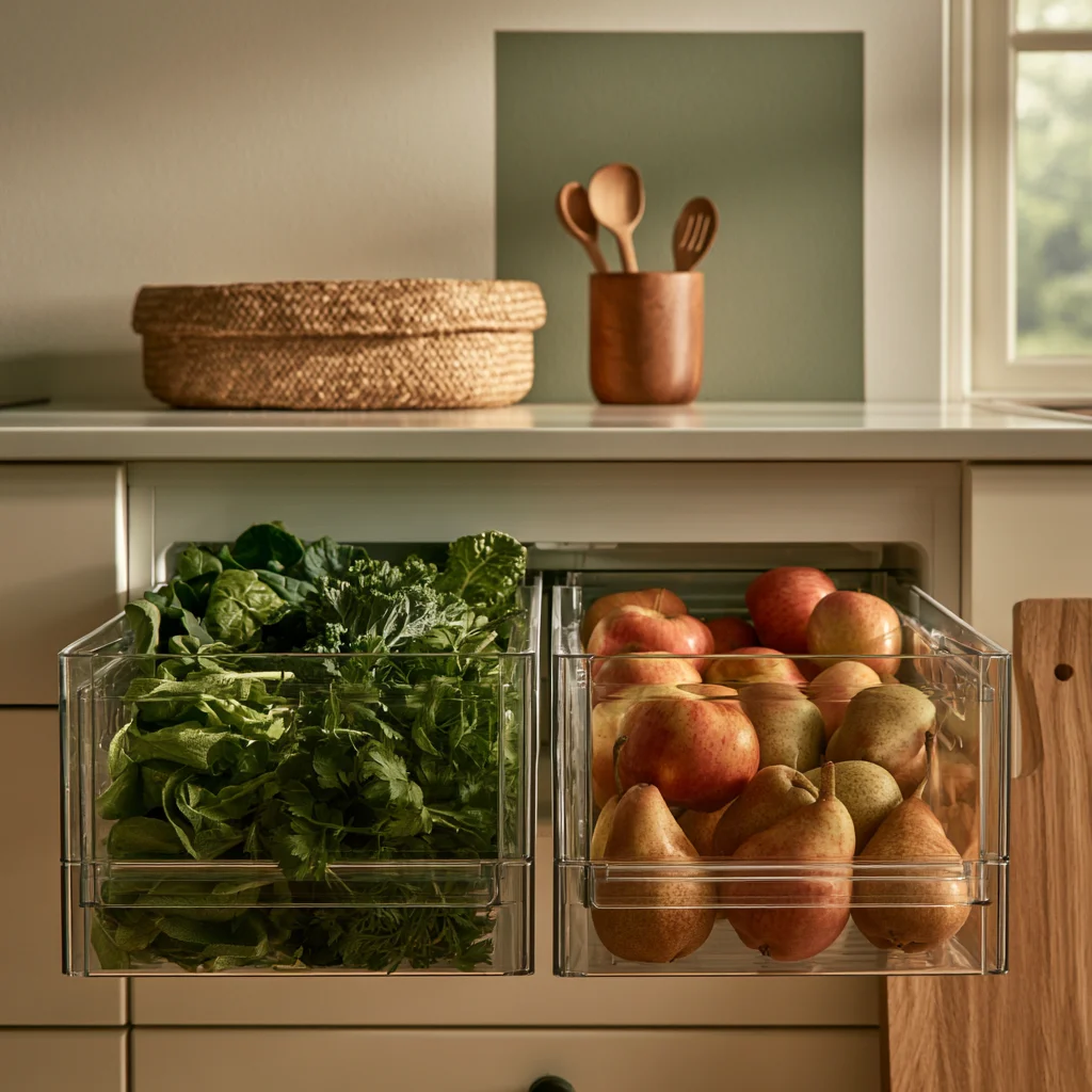 Two crisper drawers pulled open, one holding leafy greens on high humidity and the other apples and pears on low.