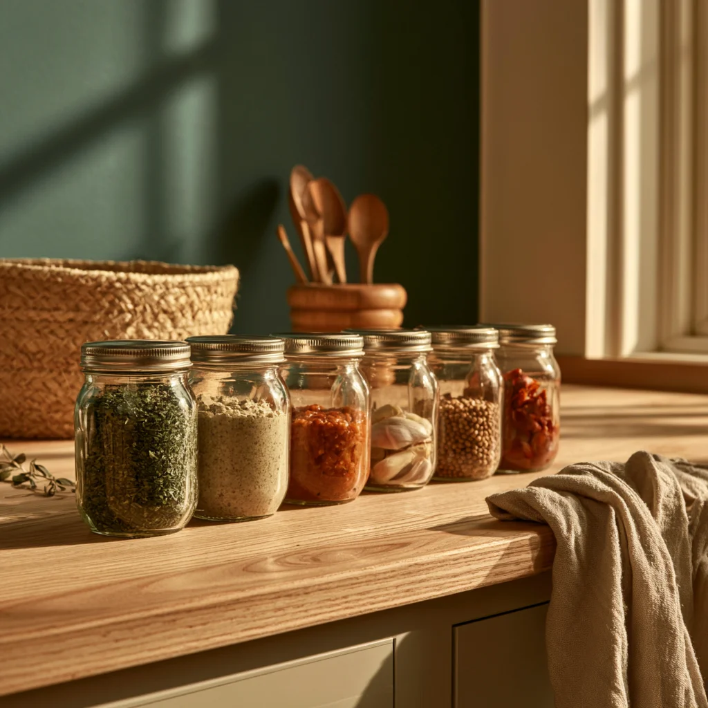Old condiment jars and soft produce set out on a worktop after being cleared from a small fridge.