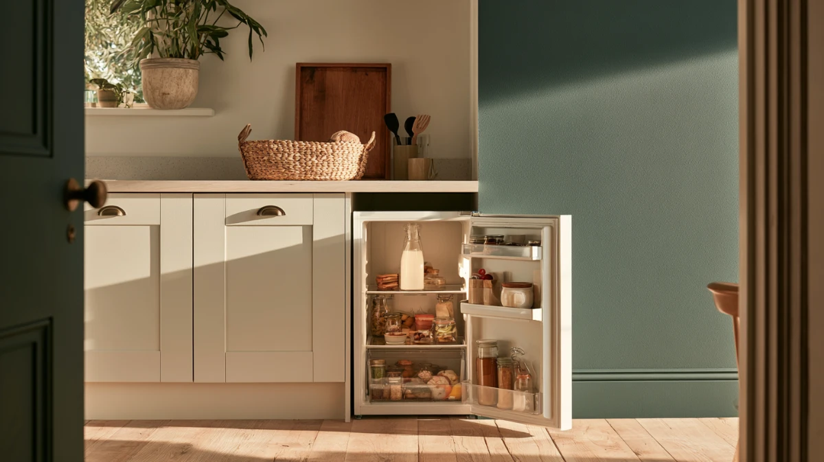 A small kitchen with the fridge door open showing food sorted by temperature zone, milk on a middle shelf and condiments in the door.