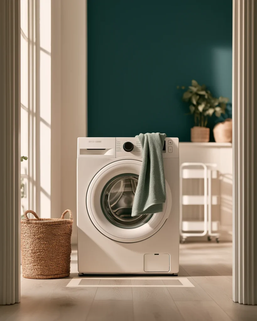 The service envelope of a washing machine marked in tape on the floor of a small laundry room, showing how much more floor it needs than the machine itself.