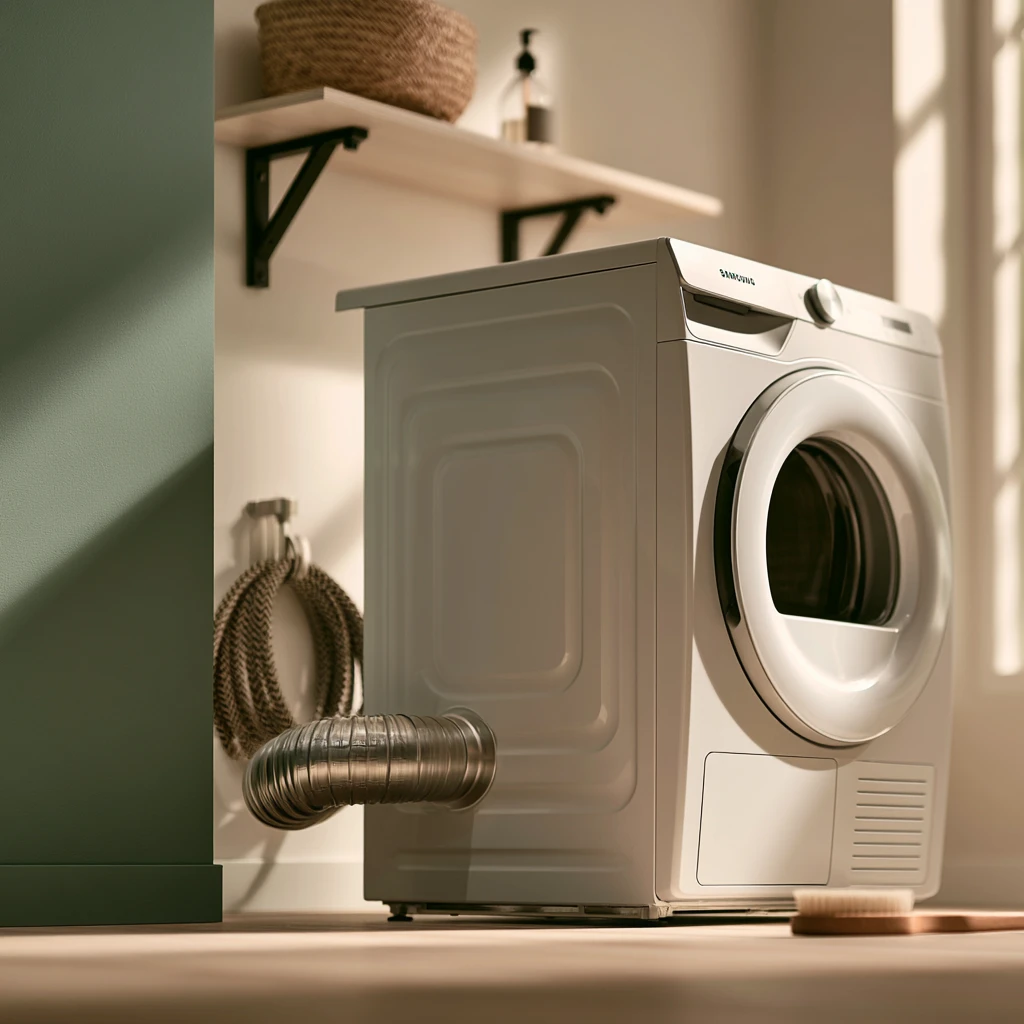 A short rigid metal duct running from the back of a dryer to the wall, with clear space behind the machine in a small laundry room.