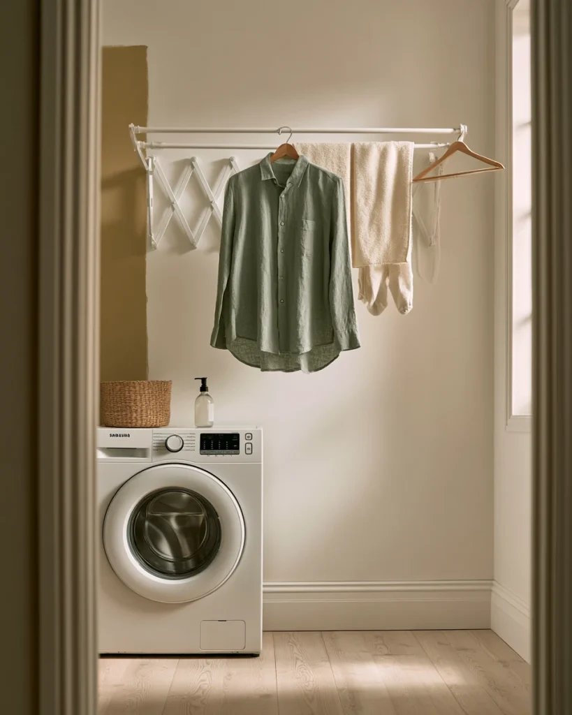 A wall mounted accordion drying rack extended above a washing machine in a small laundry room, holding a full load of air drying laundry.