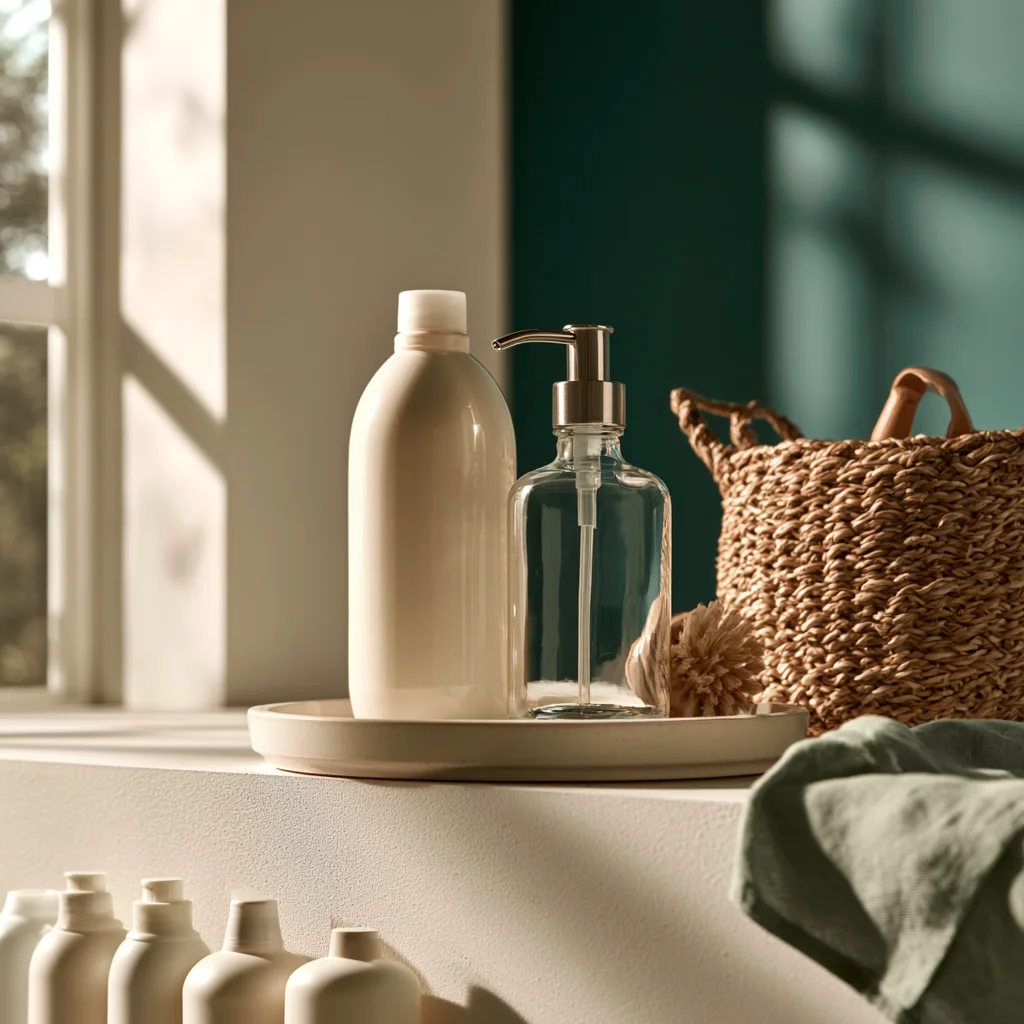 A single detergent bottle and a glass pump dispenser on a ceramic turntable, with the surplus bottles cleared onto the floor below.