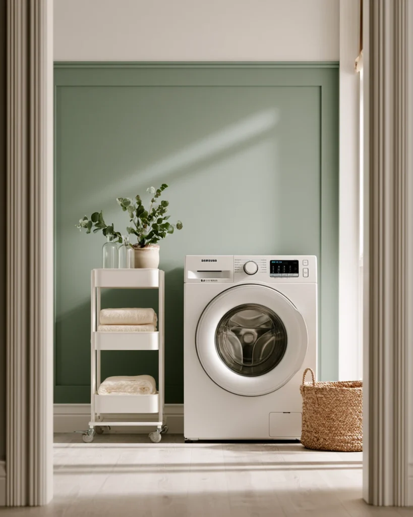 A white three tier rolling cart in the gap beside a washing machine in a rented small laundry room, with nothing fixed to the wall.