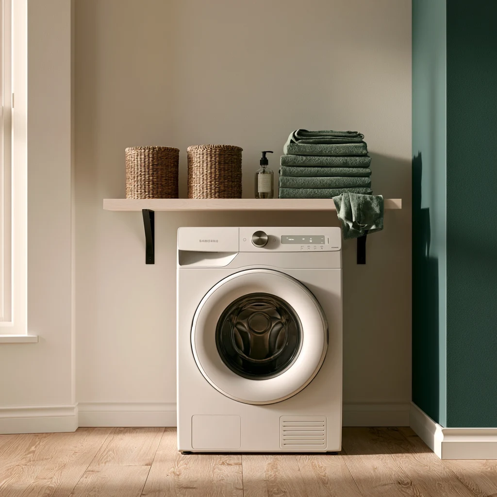 A pale ash shelf on black iron brackets above a stacked washer and dryer, giving back the folding surface that stacking took away.