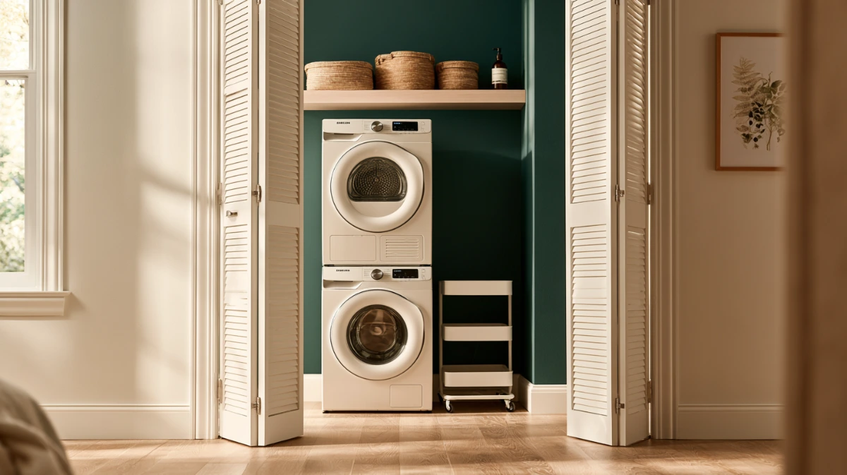 A finished small laundry room seen through open bifold doors, a stacked pair with a shelf above, a rolling cart beside it and clear floor in front.