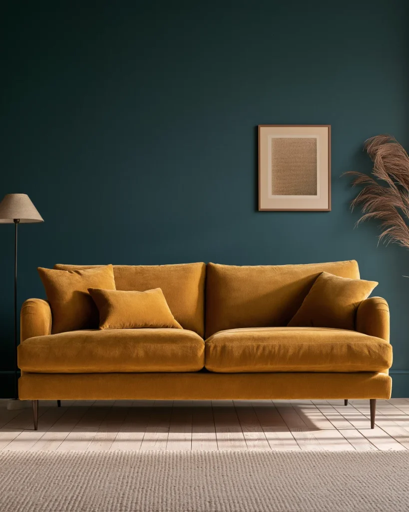 A mustard sofa on tall slim legs in a small living room, with the pale floor running visibly underneath it to the wall behind.