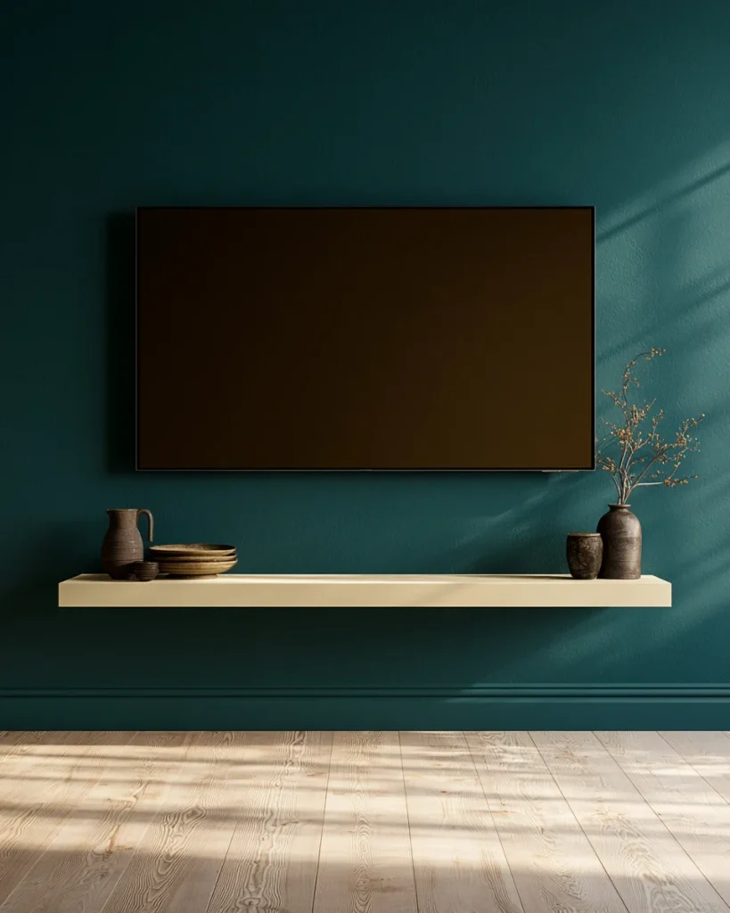 A wall mounted television above a slim floating shelf in a small living room, with clear floor where a media unit used to stand.