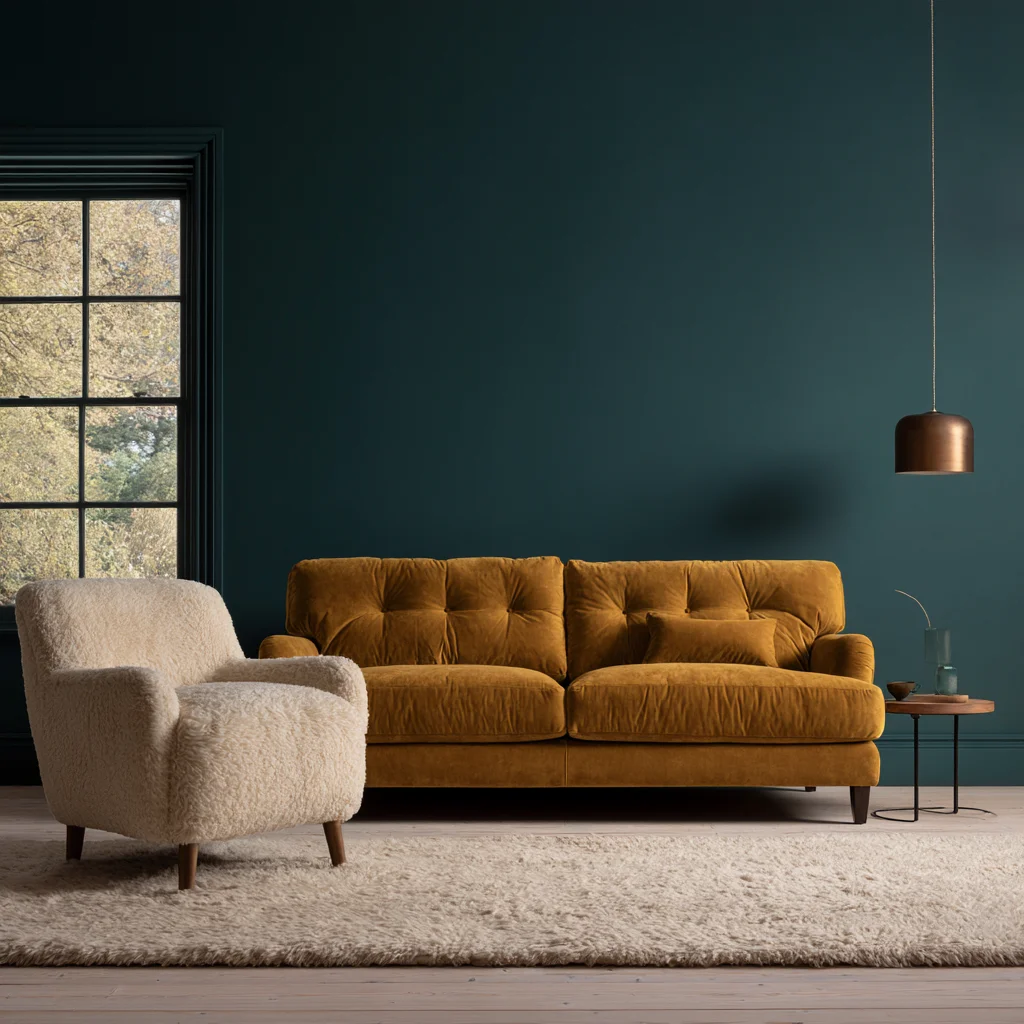 A sofa and armchair both turned square to one wall in a small living room, with the window treated as a secondary view.