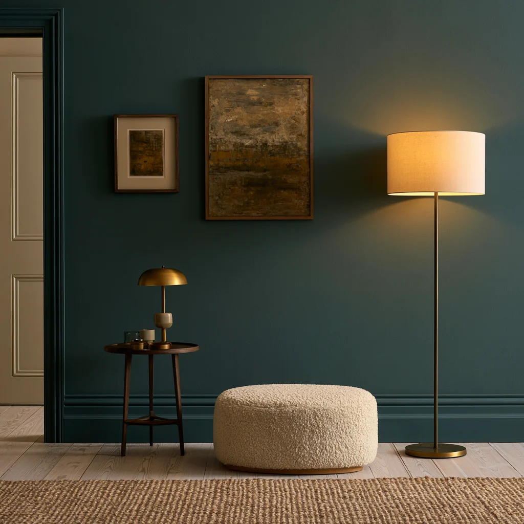 A side table, a floor lamp and a footstool set out in a hallway after being removed from a small living room.