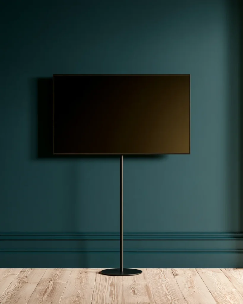A slim floor standing pole holding a television at wall height in a rented small living room, with no fixings in the wall.
