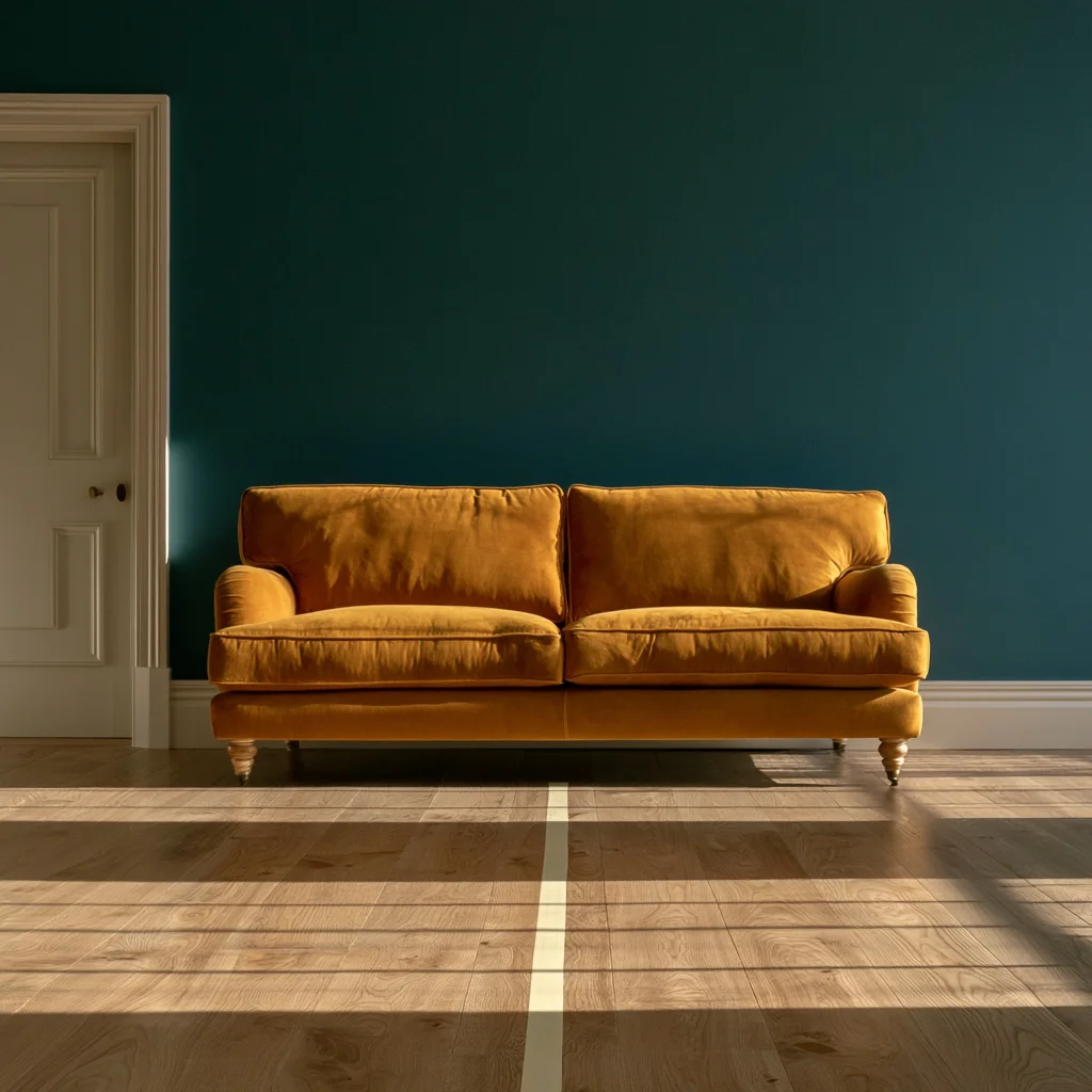 A route from the doorway marked out on the floor of a small living room with masking tape before any furniture is placed.