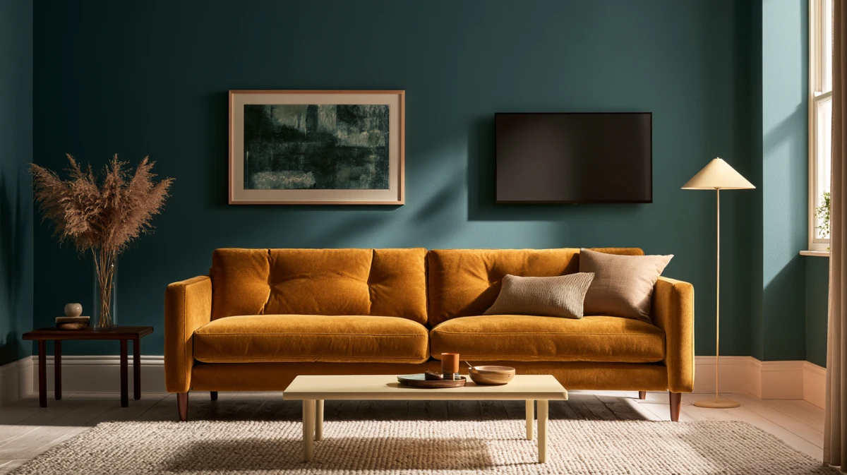 A finished small living room with raised furniture, a wall mounted screen and a clear route from the door, showing all three sightlines open.