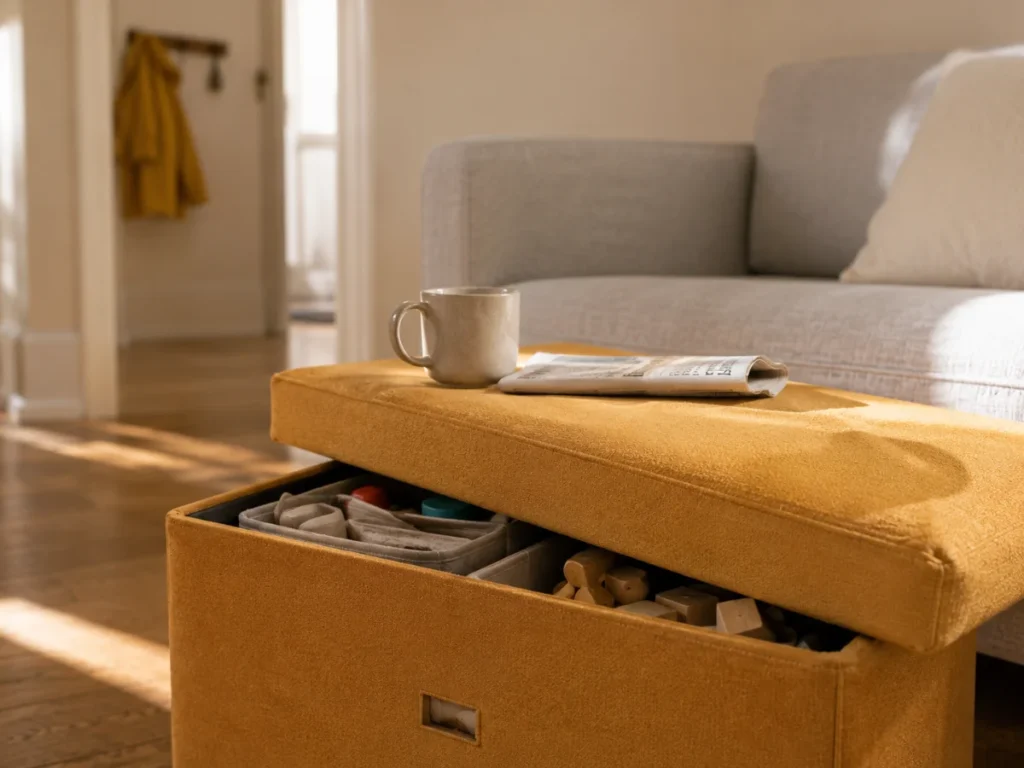 A mustard storage ottoman used for toy storage in a small living room with the lid open