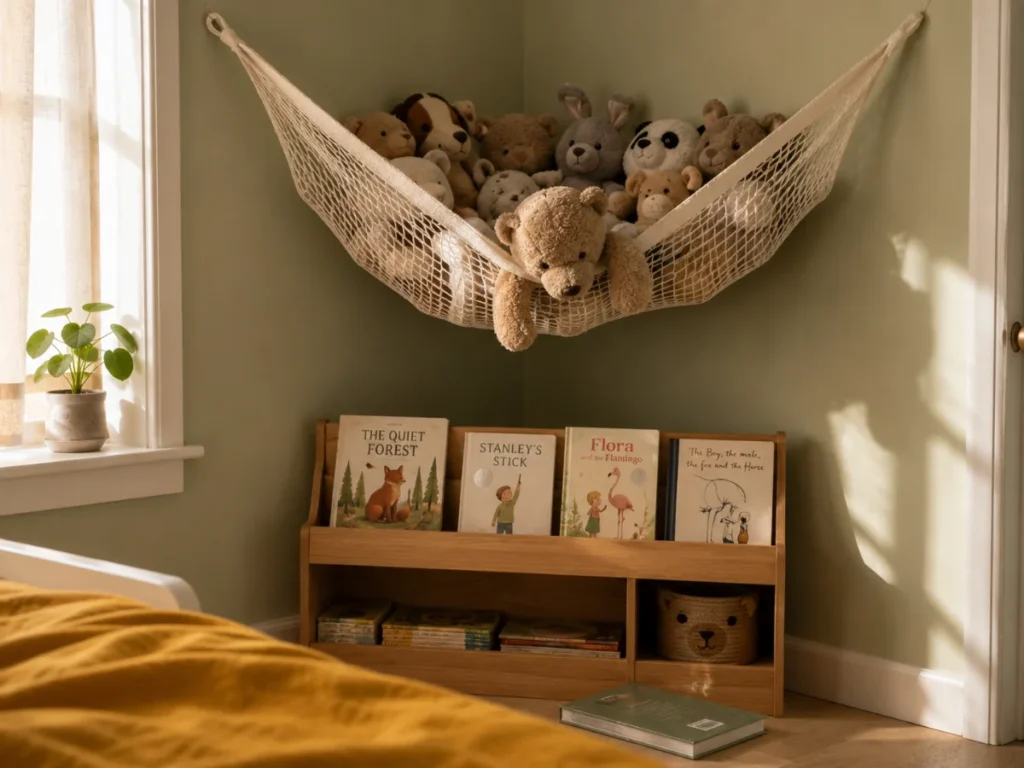 A corner mesh hammock storing stuffed animals as a toy storage idea for small spaces