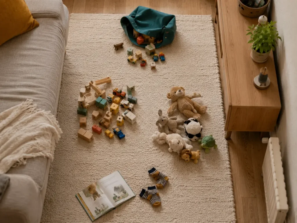 Sorting toys into three piles on a rug before setting up toy storage in a small space
