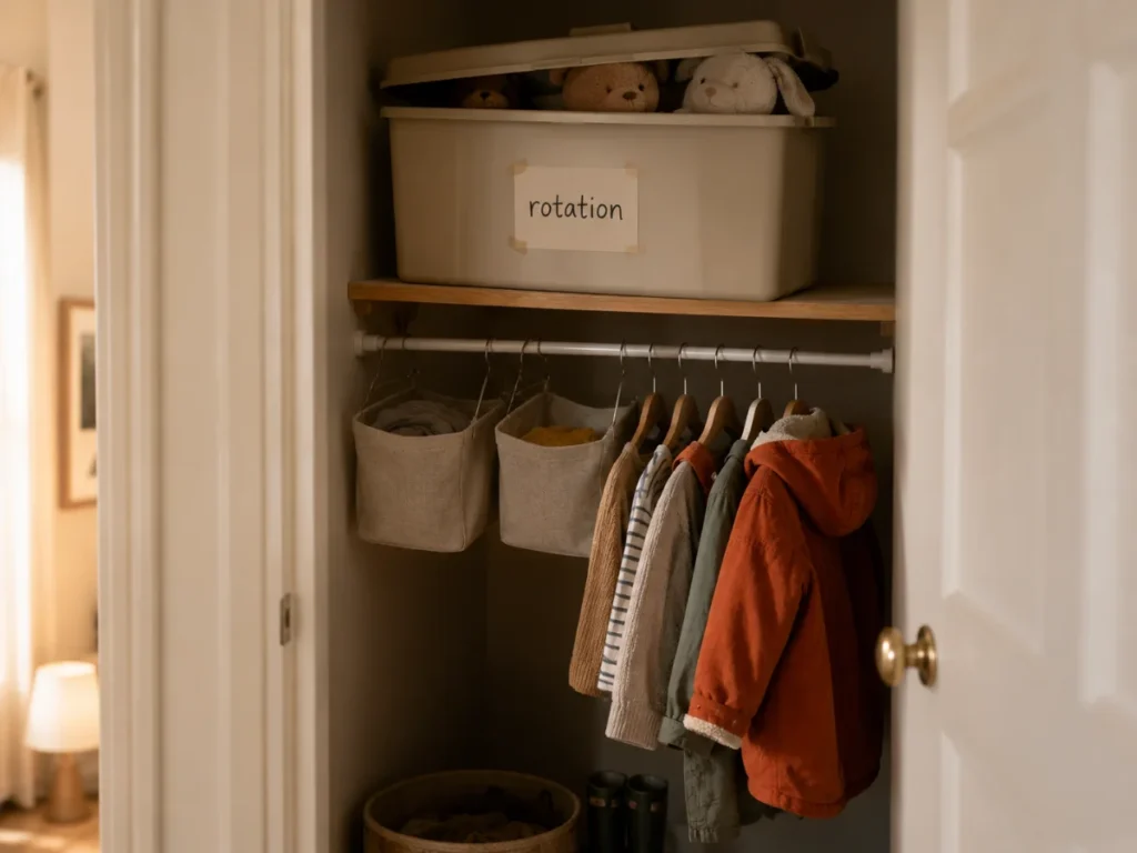 A toy rotation tote stored on a closet shelf as part of a small space toy storage system