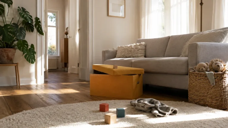 Toy storage ideas for small spaces in a bright living room with a mustard storage ottoman and woven basket