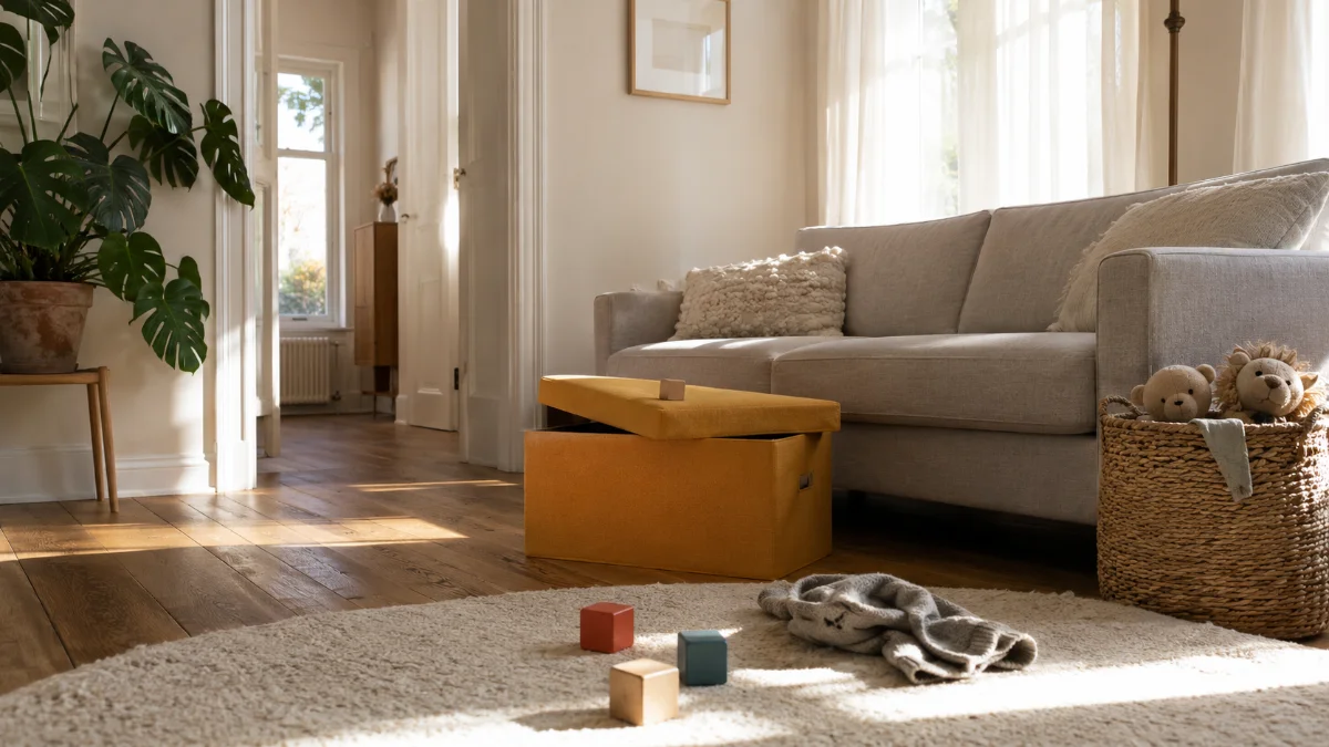 Toy storage ideas for small spaces in a bright living room with a mustard storage ottoman and woven basket