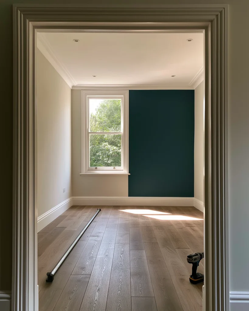 An empty room measured wall to wall before turning a room into a closet, a tape measure across the floor and a bright window behind.