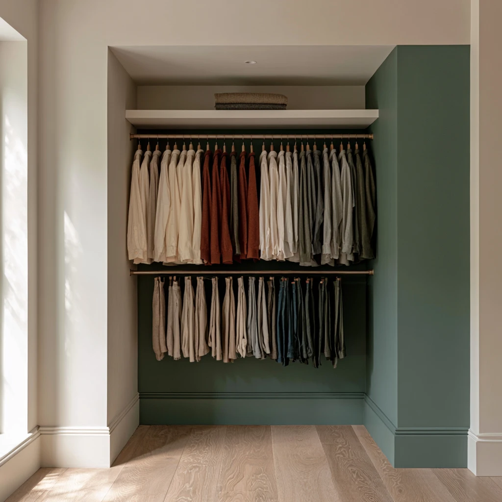 Two rails stacked one above the other holding shirts and trousers, the double hang that doubles capacity on the same floor.