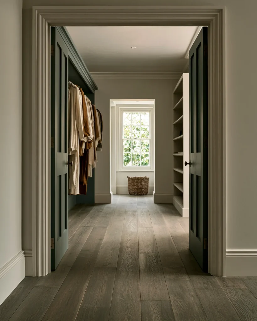 A narrow converted room with hanging clothes on one wall and shallow shelves opposite, the layout a 60 to 84 inch width allows.