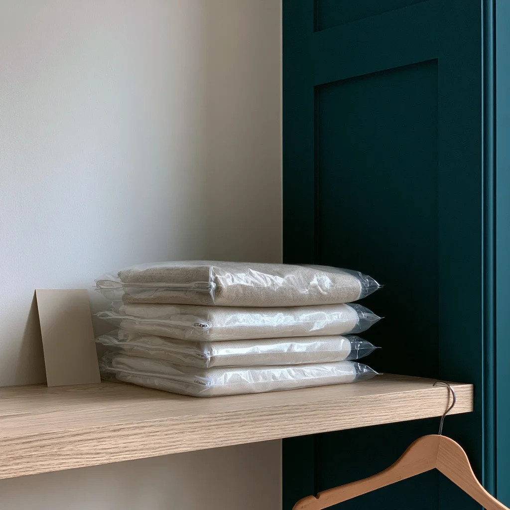 Folded wool knitwear sealed flat in clear bags on a shelf, the storage a converted closet room needs to keep moths out.