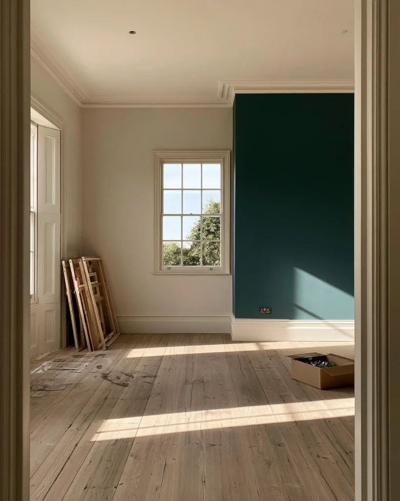 A dismantled bed frame leaning against the wall of an emptied room, the point where turning a room into a closet stops being reversible in an afternoon.