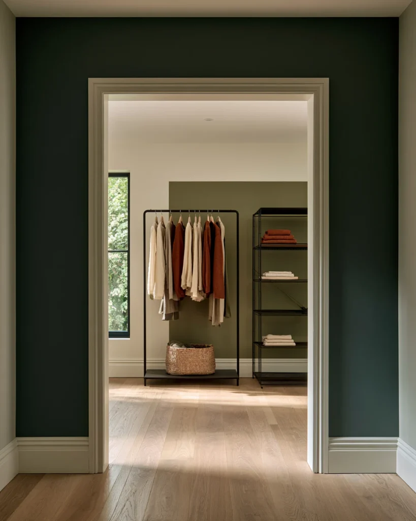 Freestanding rails and an open shelving unit in a rented room, the reversible way of turning a room into a closet with nothing fixed to the wall.